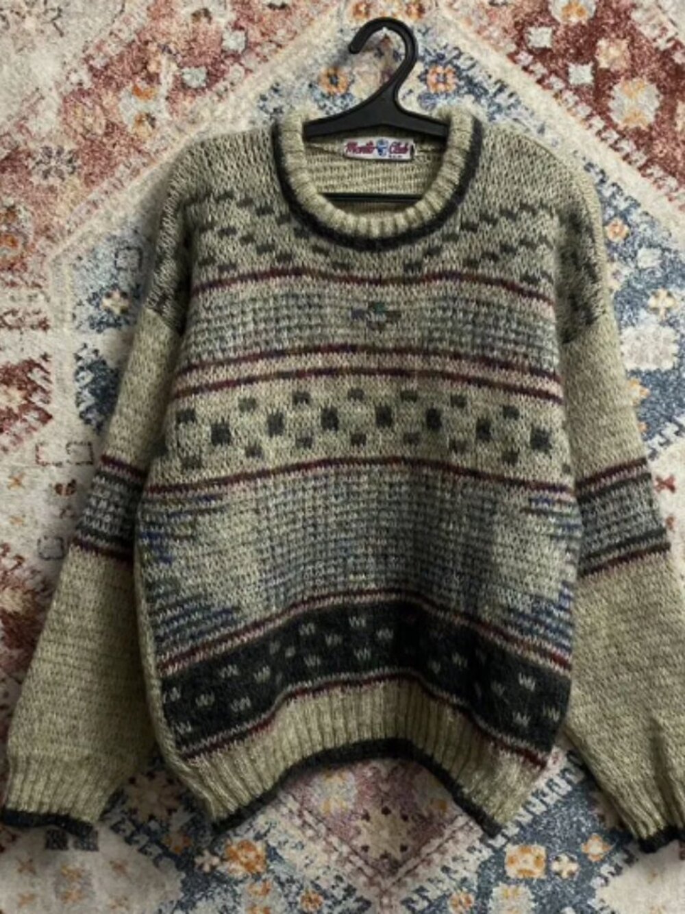 Vintage Pattern Knit Sweater Beige Green